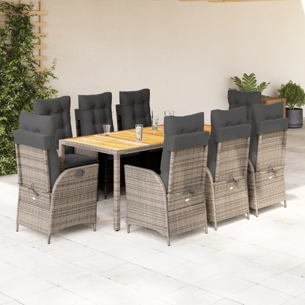 9 Piece Garden Dining Set with Cushions Grey Poly Rattan