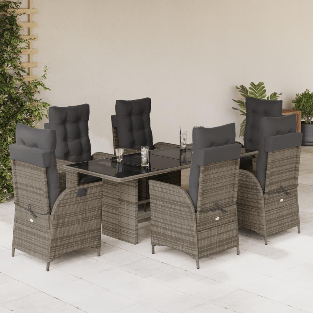 7 Piece Garden Dining Set with Cushions Grey Poly Rattan