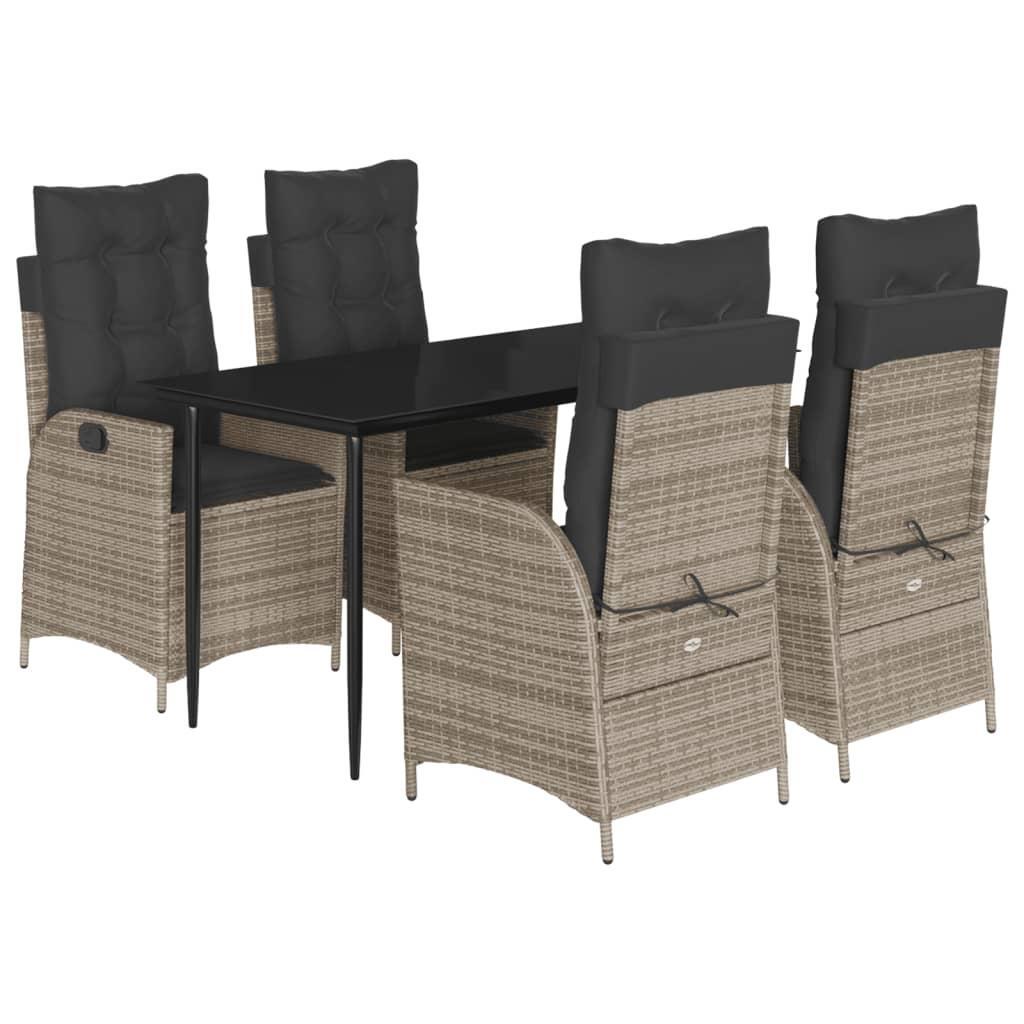 5 Piece Garden Dining Set with Cushions Grey Poly Rattan