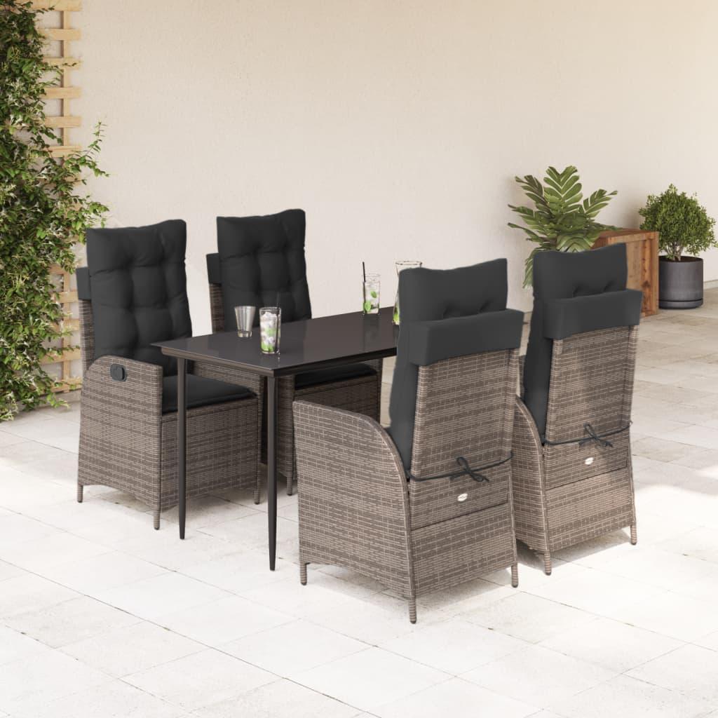 5 Piece Garden Dining Set with Cushions Grey Poly Rattan