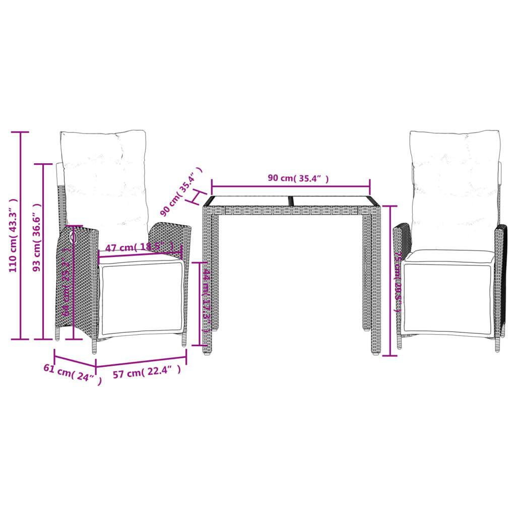 3 Piece Garden Dining Set with Cushions Grey Poly Rattan