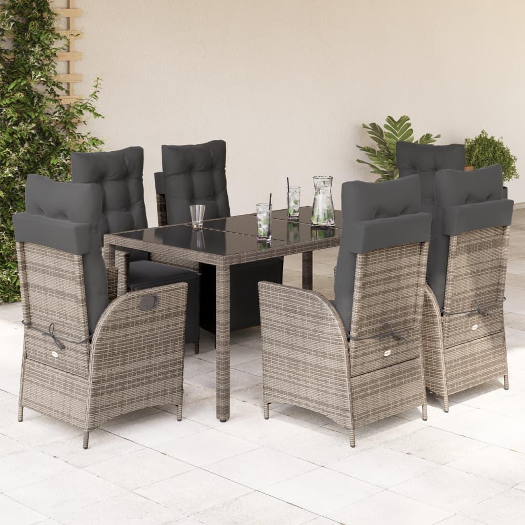 7 Piece Garden Dining Set with Cushions Grey Poly Rattan