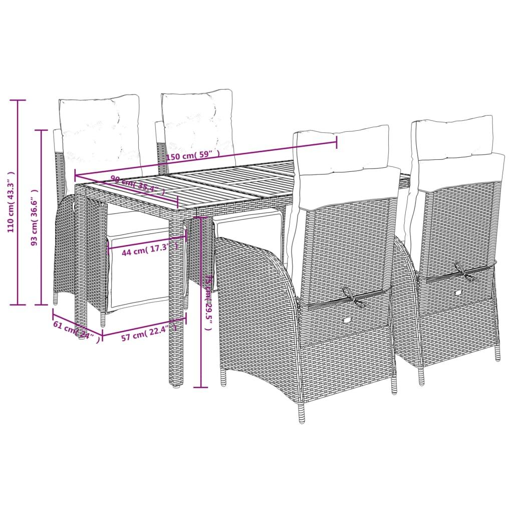 5 Piece Garden Dining Set with Cushions Grey Poly Rattan