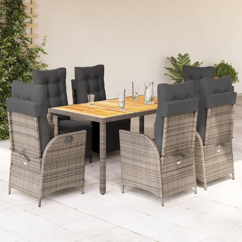 7 Piece Garden Dining Set with Cushions Grey Poly Rattan