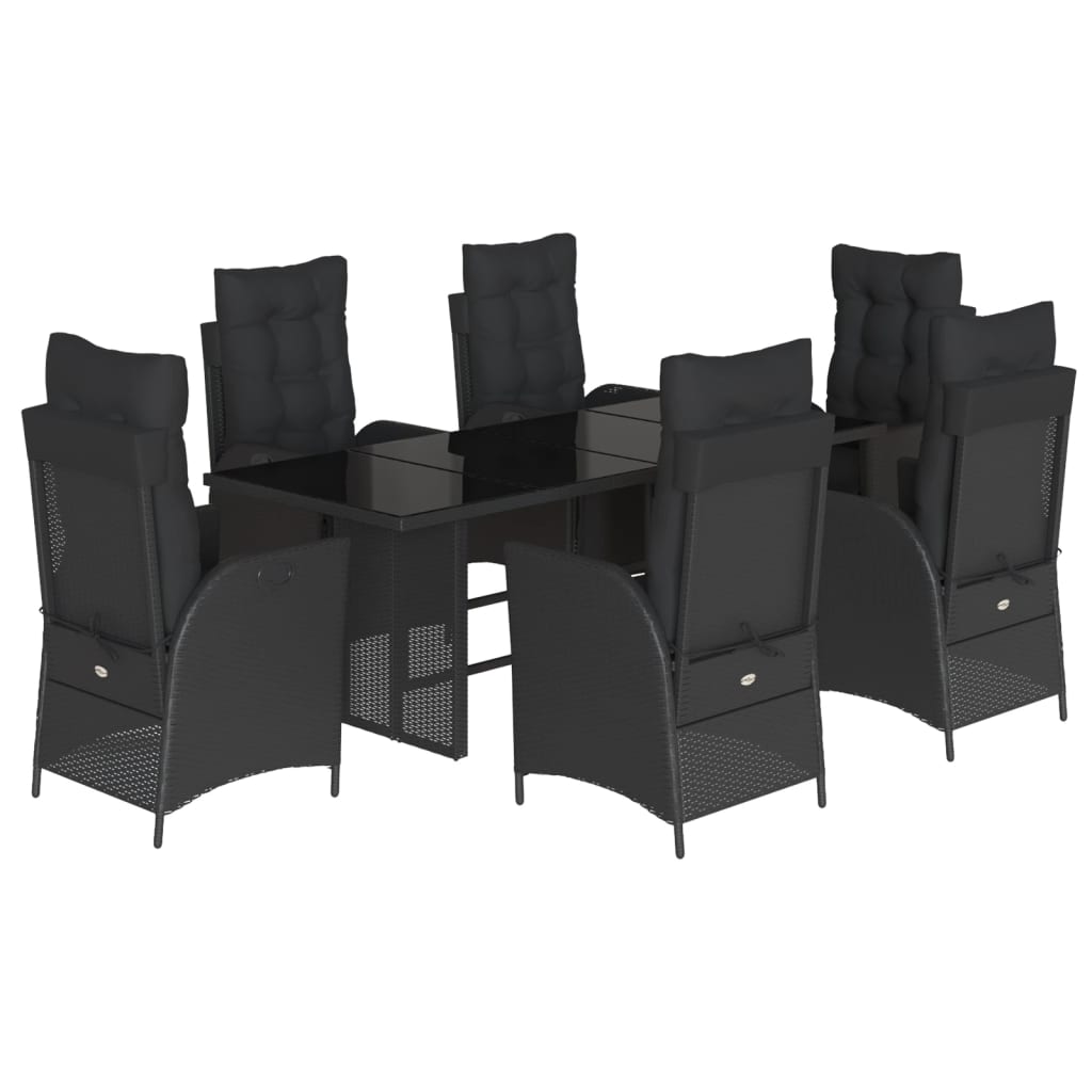 7 Piece Garden Dining Set with Cushions Black Poly Rattan