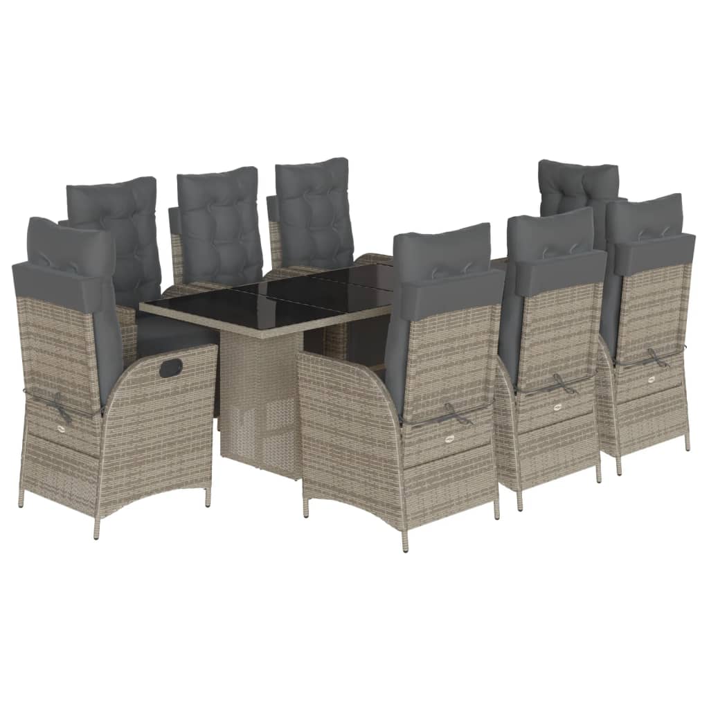 9 Piece Garden Dining Set with Cushions Grey Poly Rattan