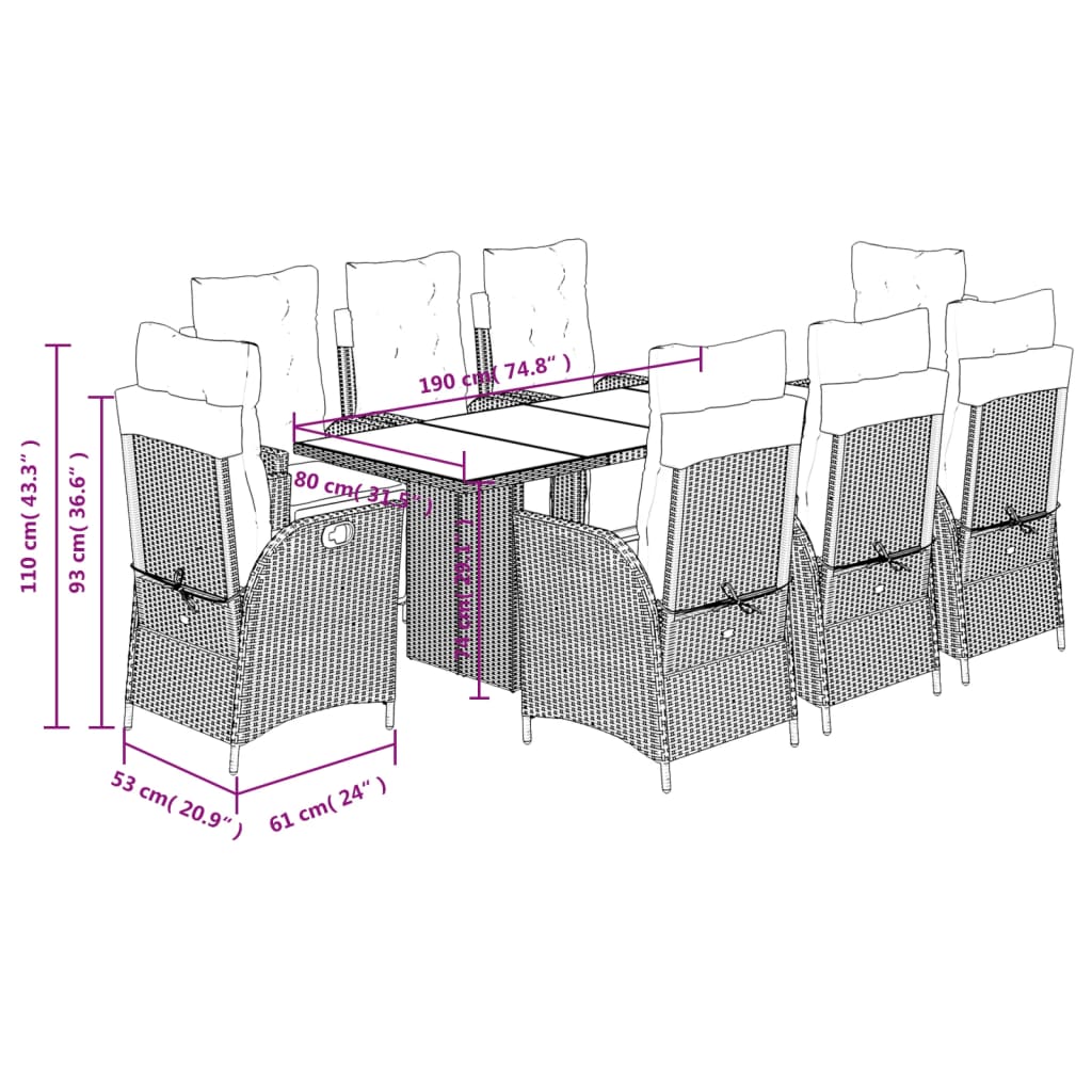 9 Piece Garden Dining Set with Cushions Grey Poly Rattan