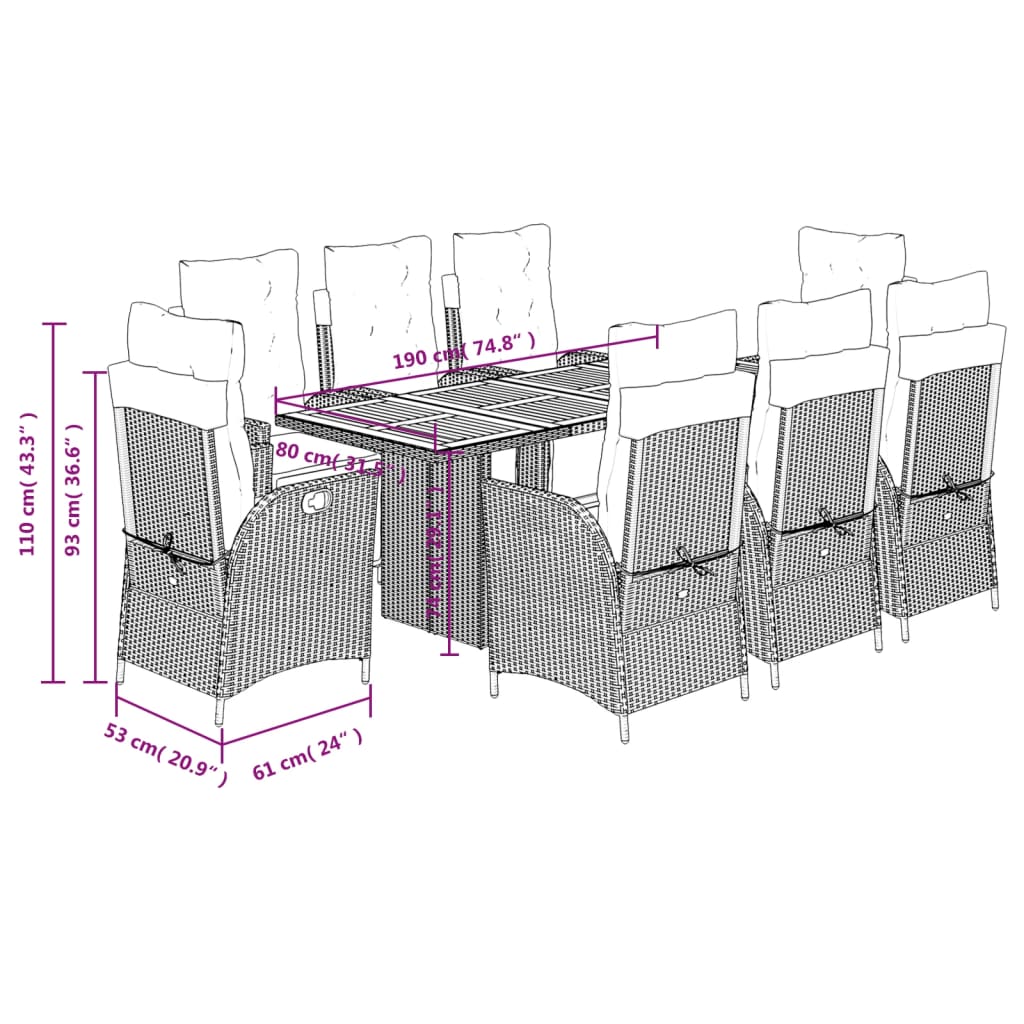 9 Piece Garden Dining Set with Cushions Black Poly Rattan