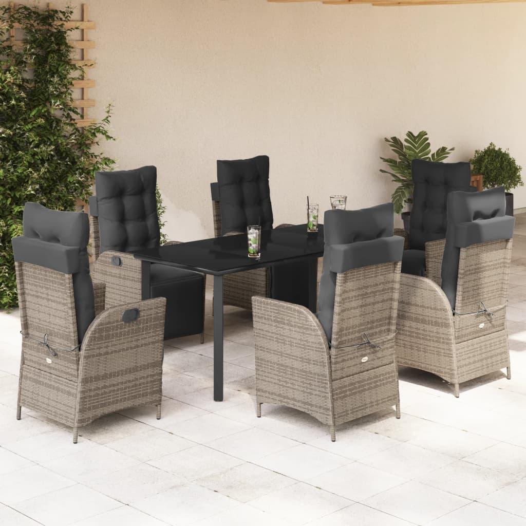 7 Piece Garden Dining Set with Cushions Grey Poly Rattan