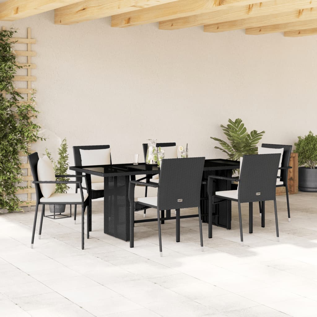 7 Piece Garden Dining Set with Cushions Black Poly Rattan