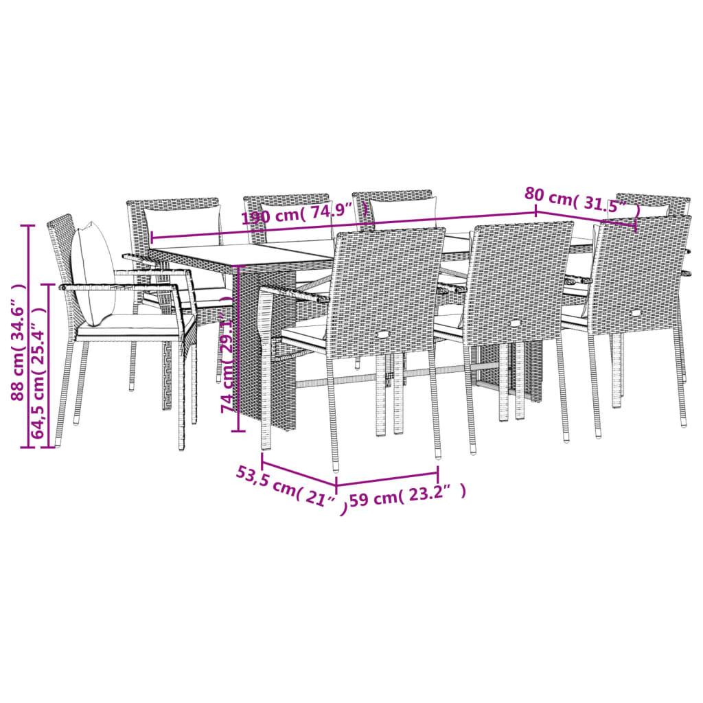 9 Piece Garden Dining Set with Cushions Black Poly Rattan