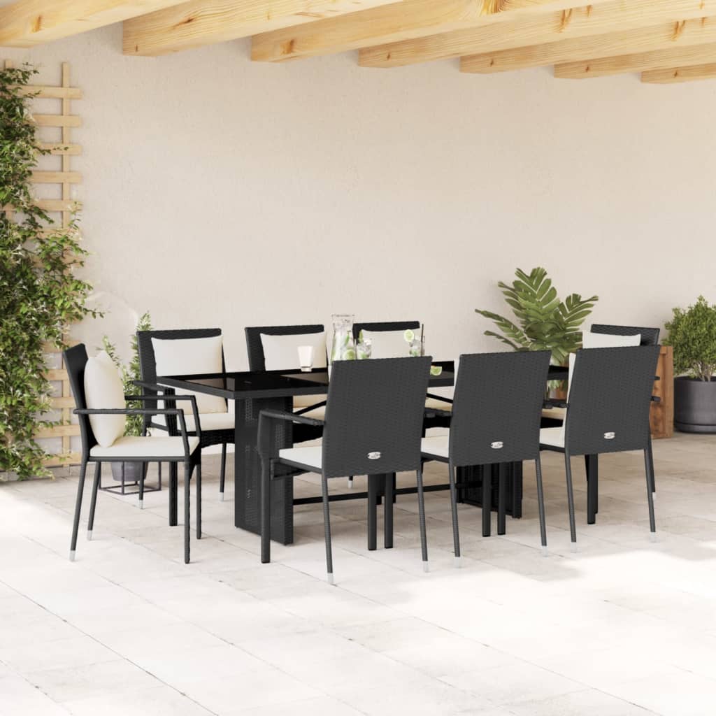 9 Piece Garden Dining Set with Cushions Black Poly Rattan