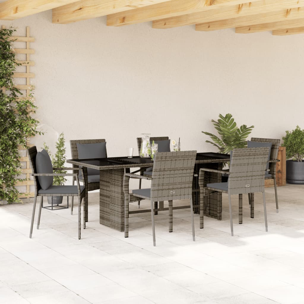 7 Piece Garden Dining Set with Cushions Grey Poly Rattan