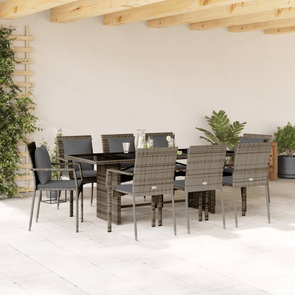 9 Piece Garden Dining Set with Cushions Grey Poly Rattan