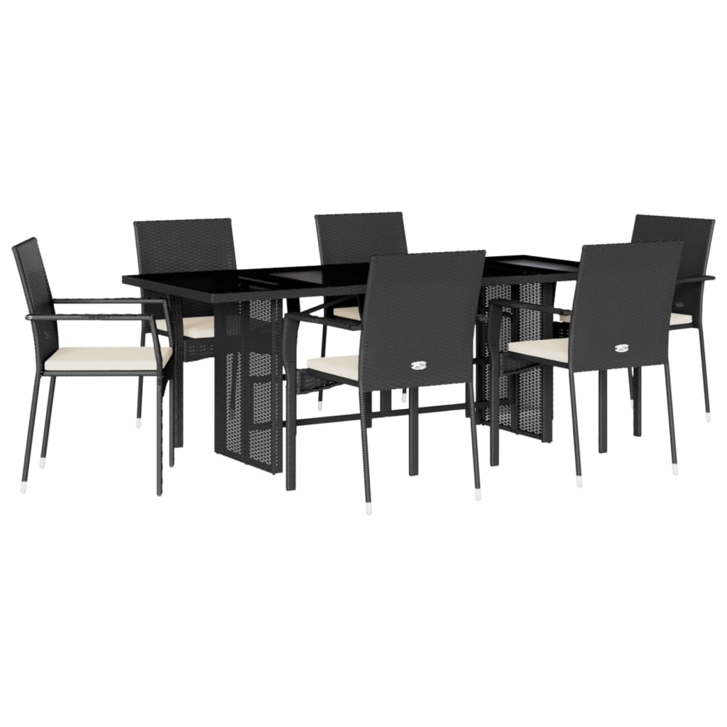 7 Piece Garden Dining Set with Cushions Black Poly Rattan