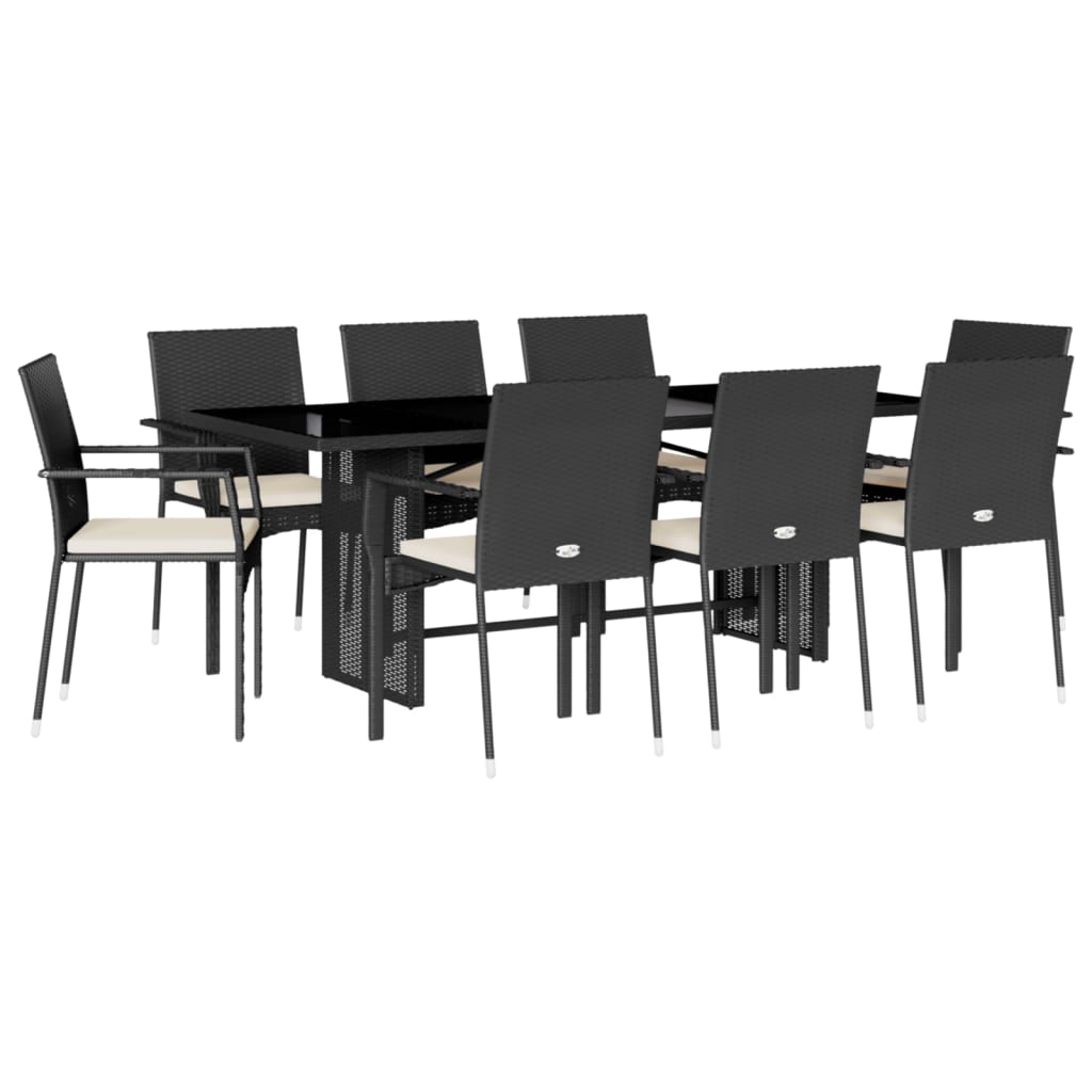 9 Piece Garden Dining Set with Cushions Black Poly Rattan