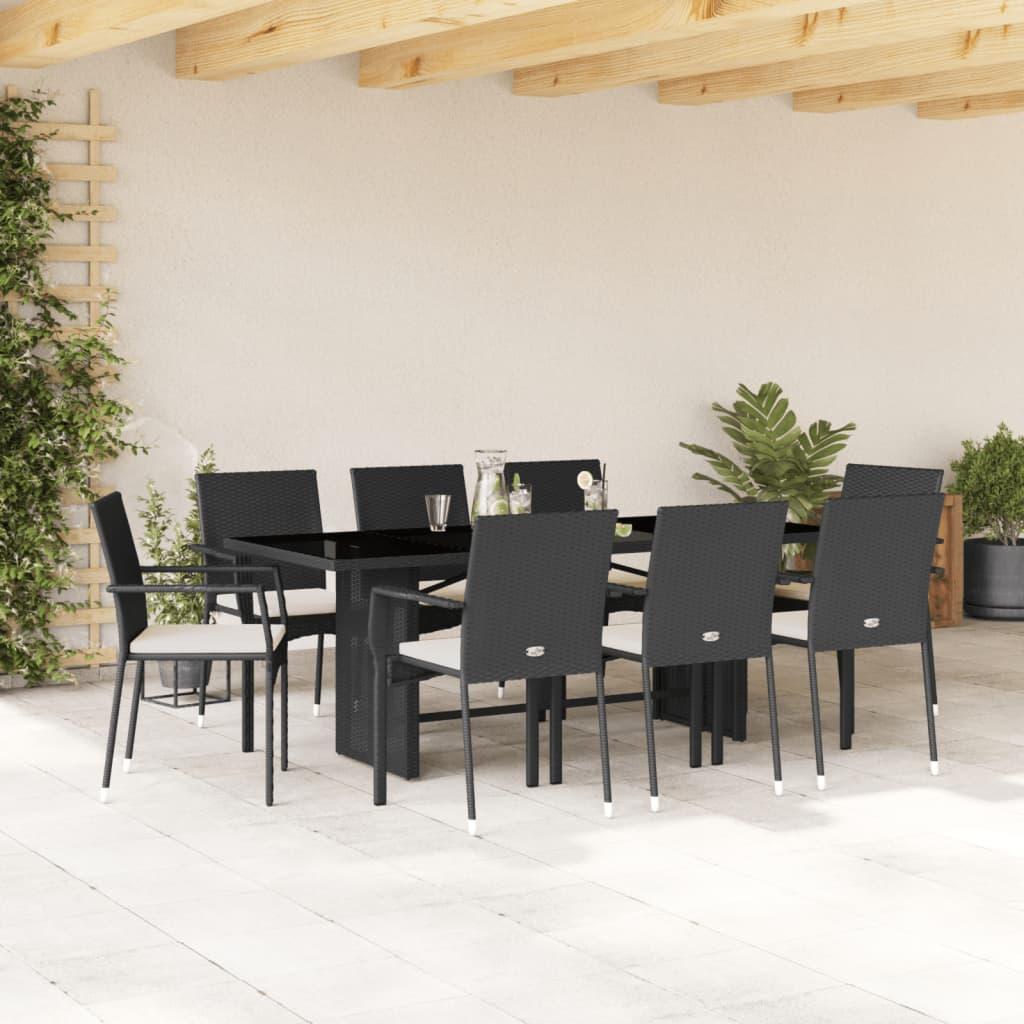 9 Piece Garden Dining Set with Cushions Black Poly Rattan