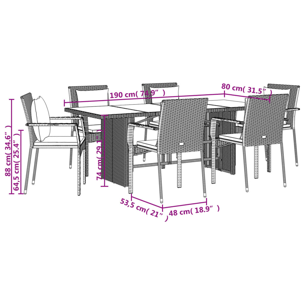 7 Piece Garden Dining Set with Cushions Black Poly Rattan