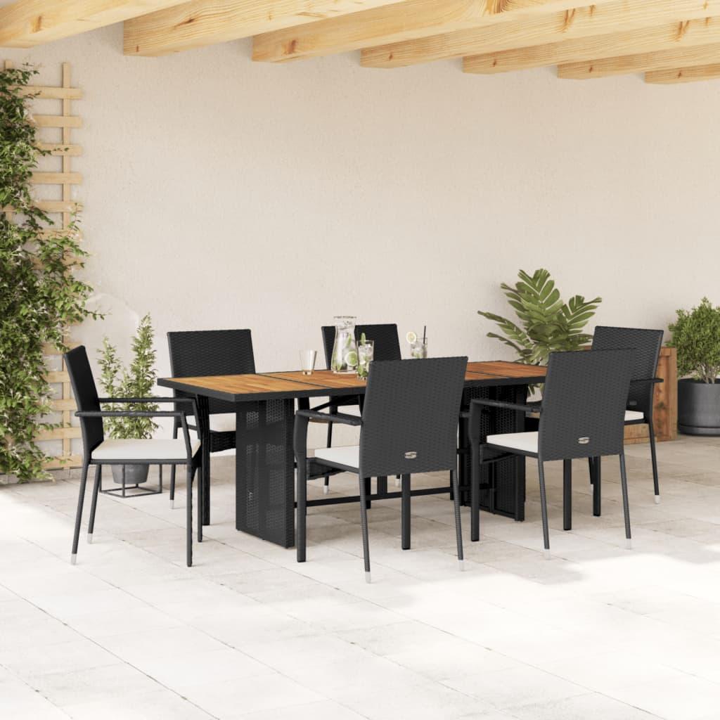 7 Piece Garden Dining Set with Cushions Black Poly Rattan