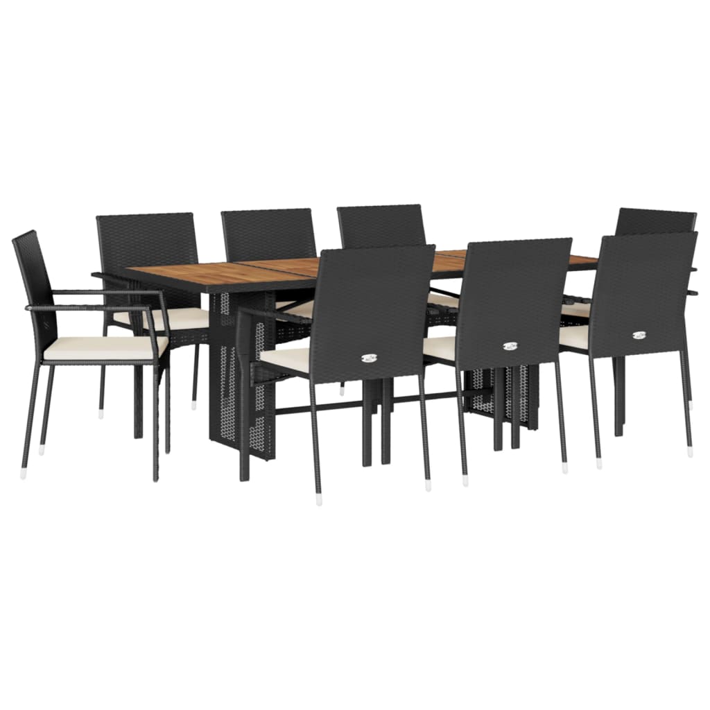 9 Piece Garden Dining Set with Cushions Black Poly Rattan