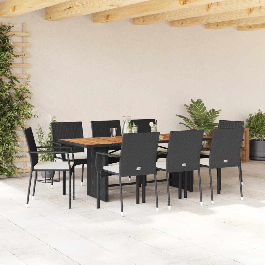 9 Piece Garden Dining Set with Cushions Black Poly Rattan