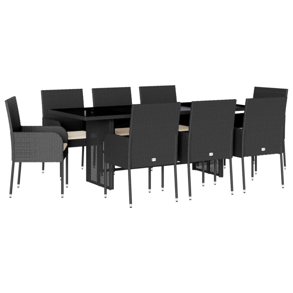9 Piece Garden Dining Set with Cushions Black Poly Rattan