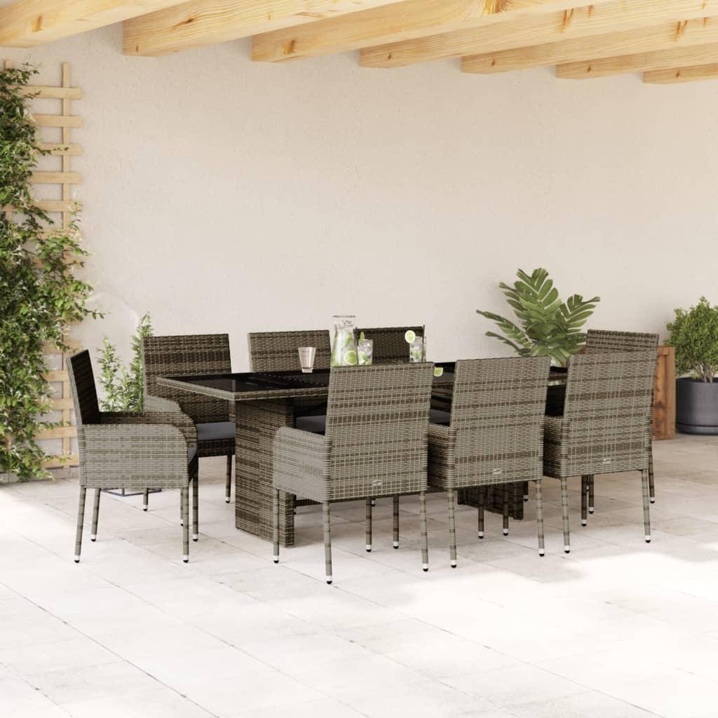 9 Piece Garden Dining Set with Cushions Grey Poly Rattan