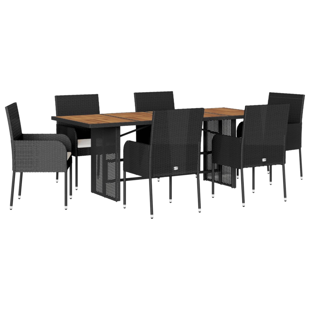 7 Piece Garden Dining Set with Cushions Black Poly Rattan