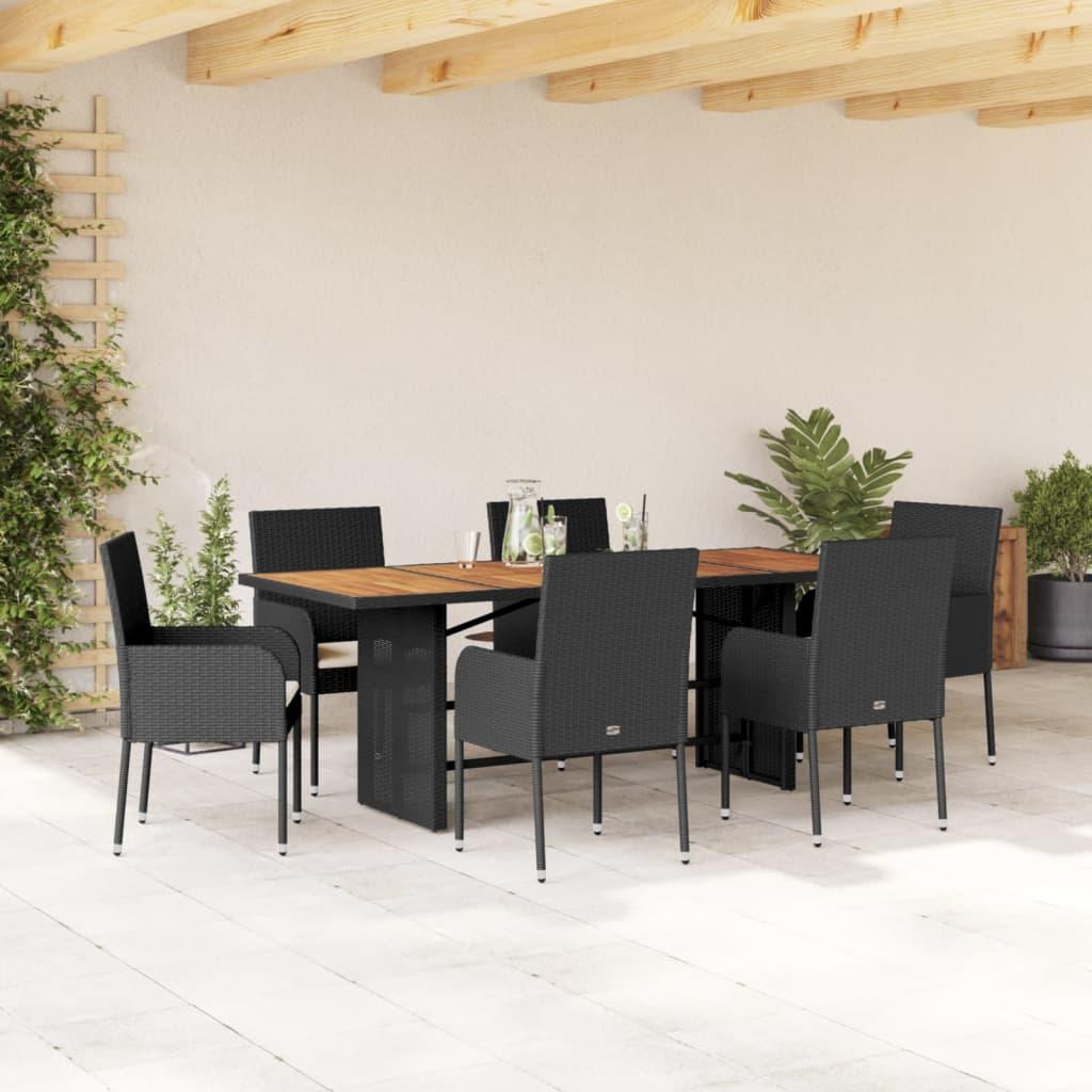 7 Piece Garden Dining Set with Cushions Black Poly Rattan