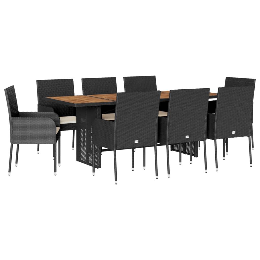 9 Piece Garden Dining Set with Cushions Black Poly Rattan