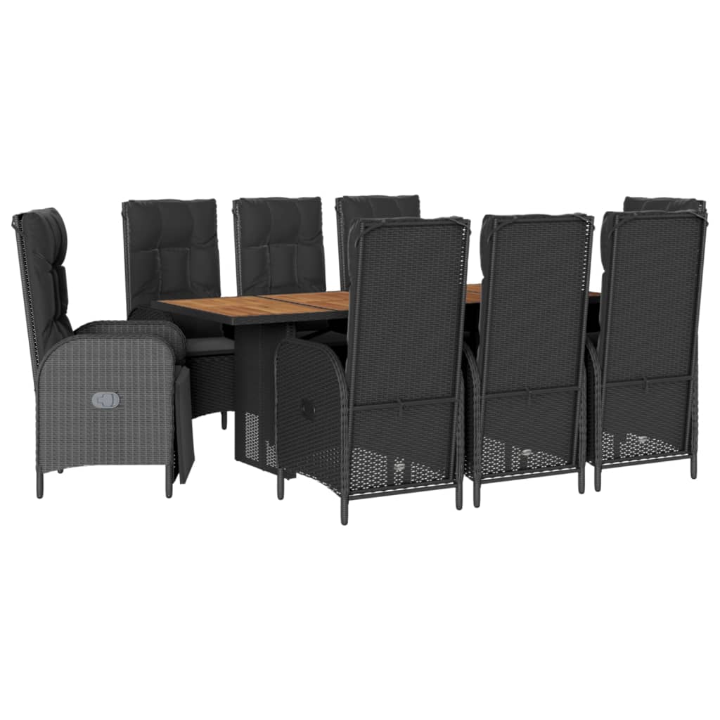 9 Piece Garden Dining Set with Cushions Black Poly Rattan