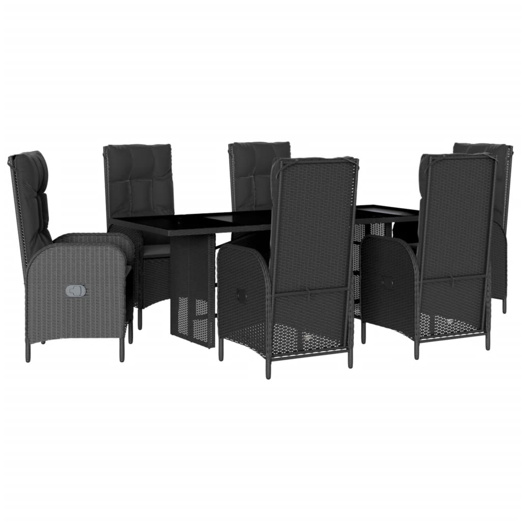 7 Piece Garden Dining Set with Cushions Black Poly Rattan