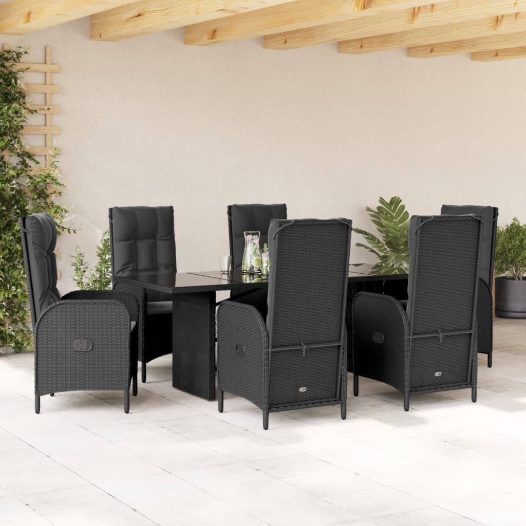 7 Piece Garden Dining Set with Cushions Black Poly Rattan