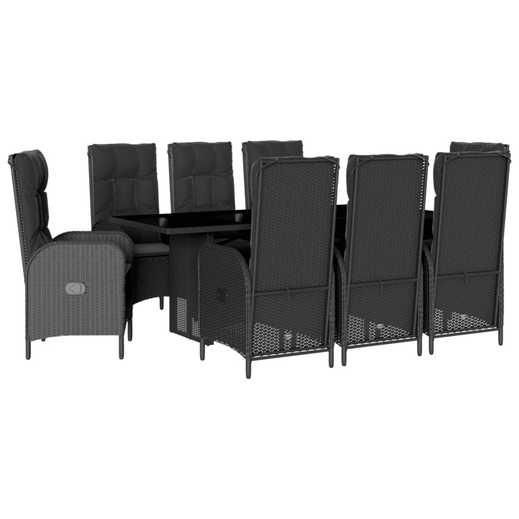 9 Piece Garden Dining Set with Cushions Black Poly Rattan