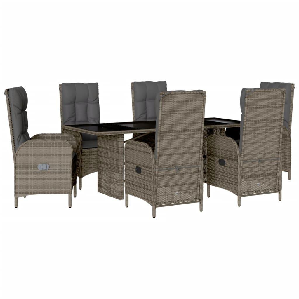 7 Piece Garden Dining Set with Cushions Grey Poly Rattan