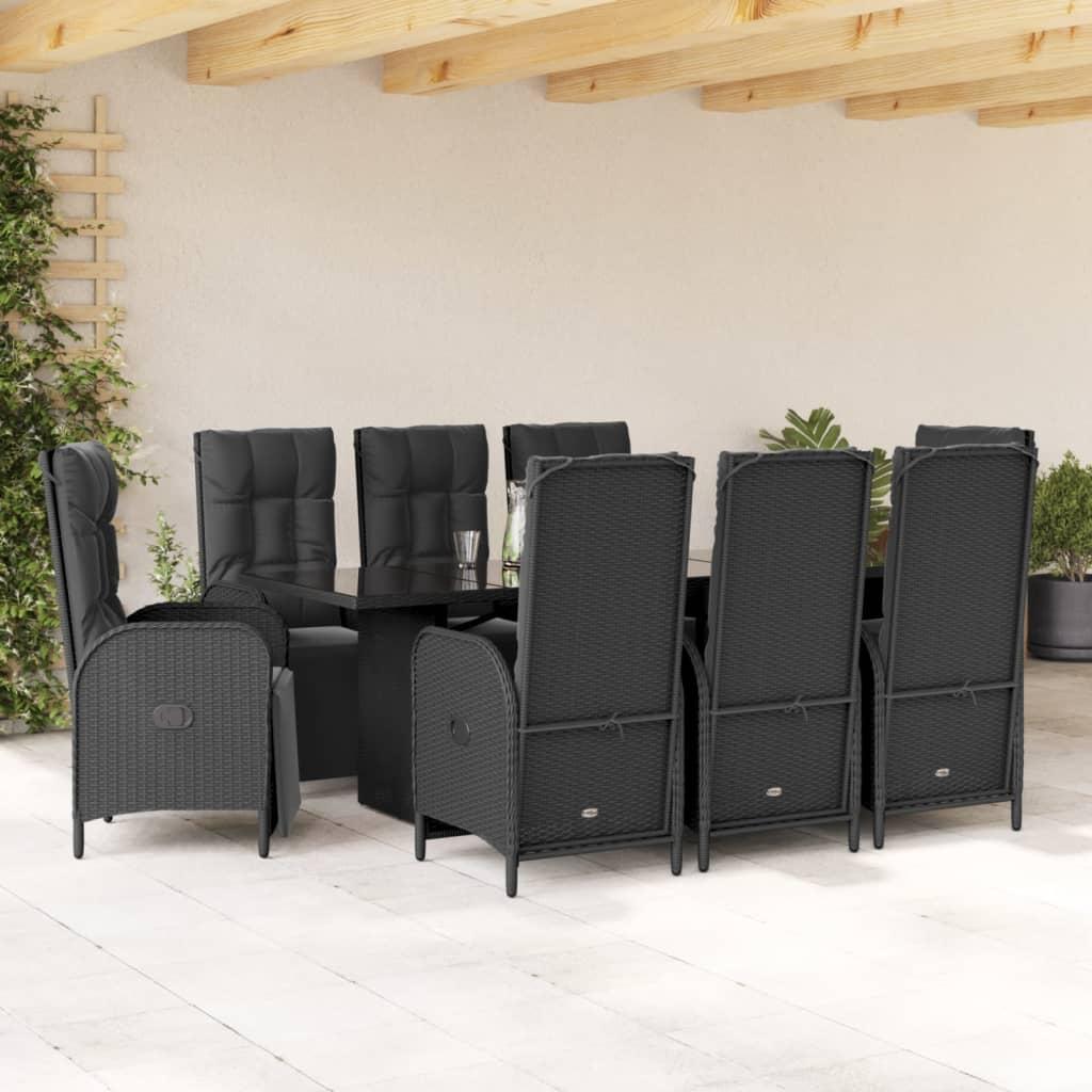 9 Piece Garden Dining Set with Cushions Black Poly Rattan