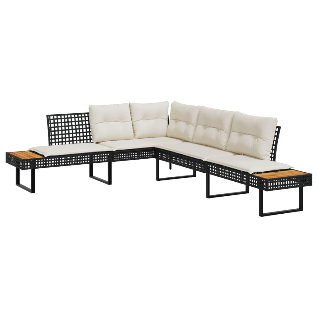 Garden Sofa with Cushions L-shaped Black Poly Rattan and Acacia