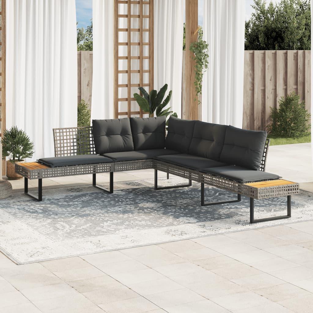 Garden Sofa with Cushions L-shaped Grey Poly Rattan and Acacia