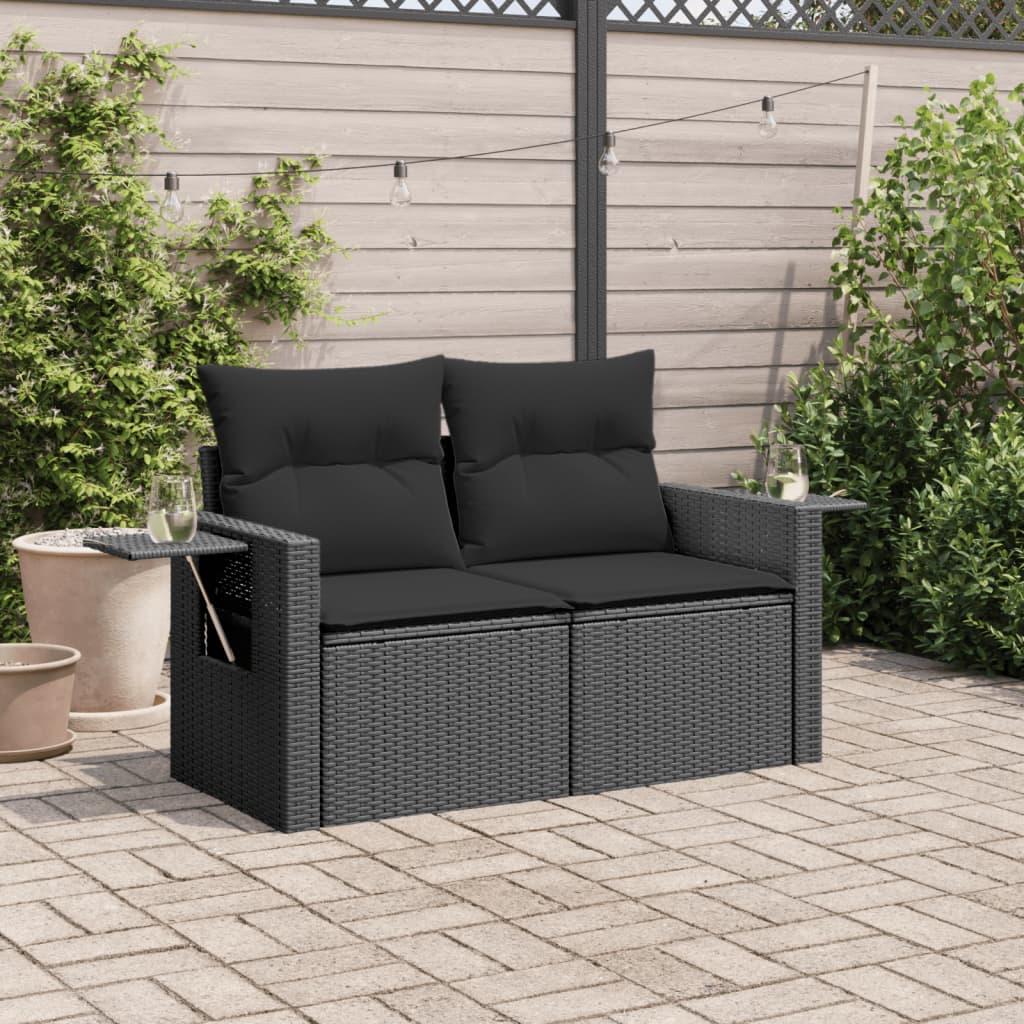 Garden Sofa with Cushions 2-Seater Black Poly Rattan