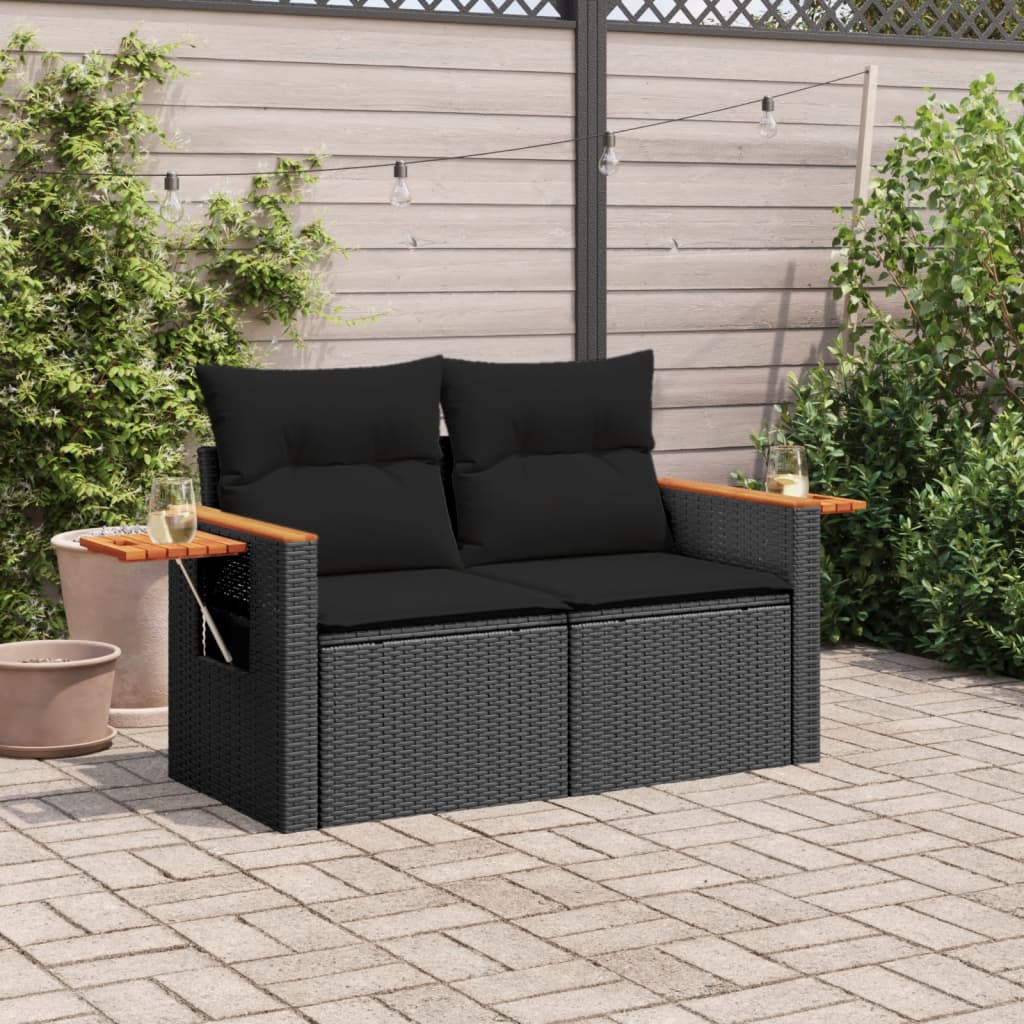 Garden Sofa with Cushions 2-Seater Black Poly Rattan