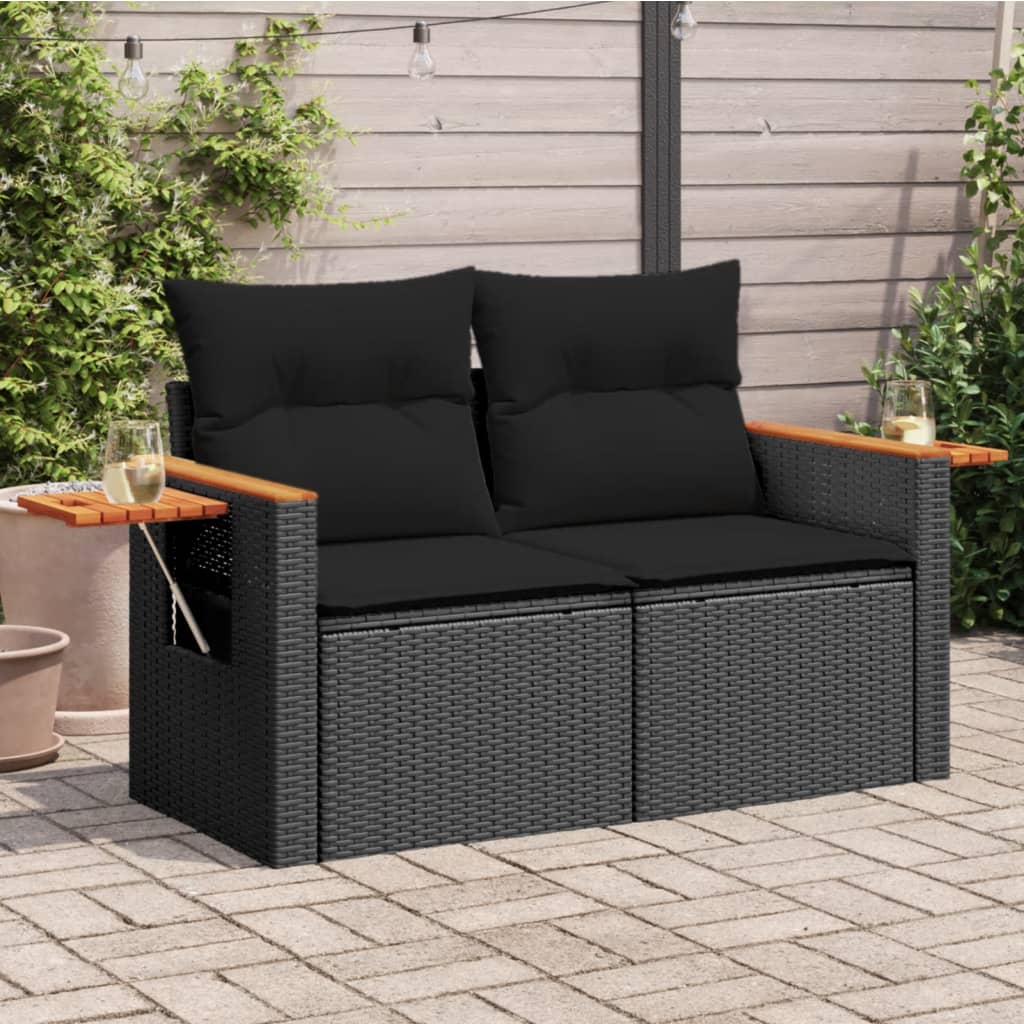 Garden Sofa with Cushions 2-Seater Black Poly Rattan