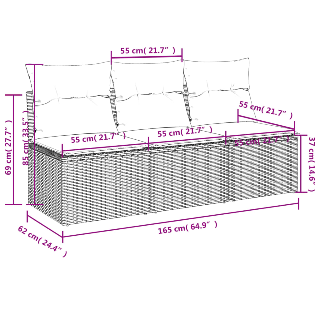 Garden Sofa with Cushions 3-Seater Black Poly Rattan