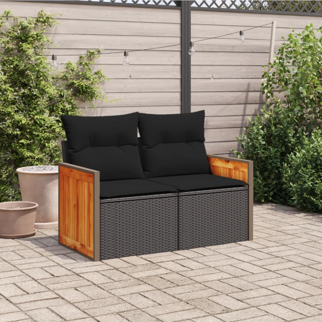 Garden Sofa with Cushions 2-Seater Black Poly Rattan