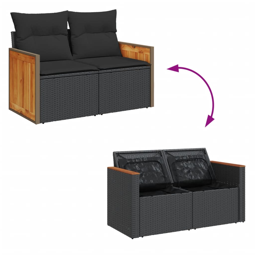 Garden Sofa with Cushions 2-Seater Black Poly Rattan