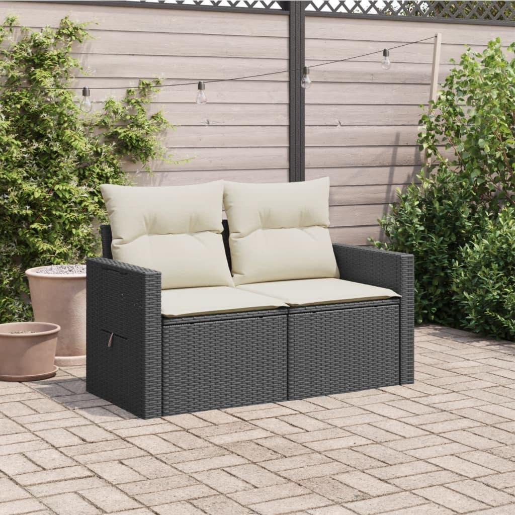 Garden Sofa with Cushions 2-Seater Black Poly Rattan