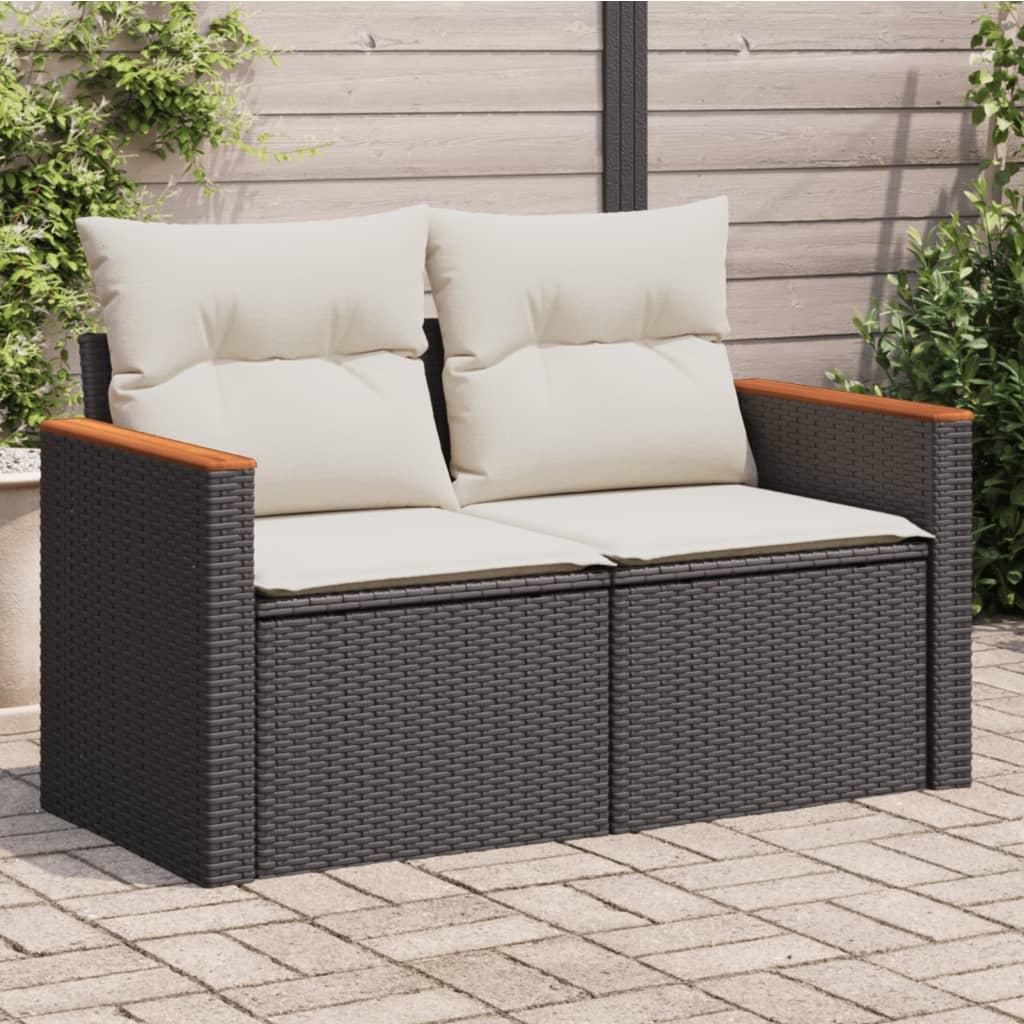 Garden Sofa with Cushions 2-Seater Black Poly Rattan