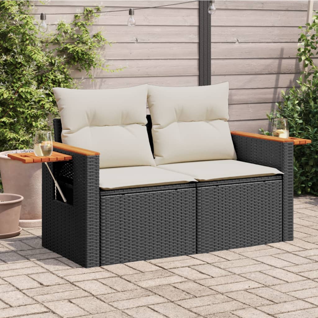 Garden Sofa with Cushions 2-Seater Black Poly Rattan