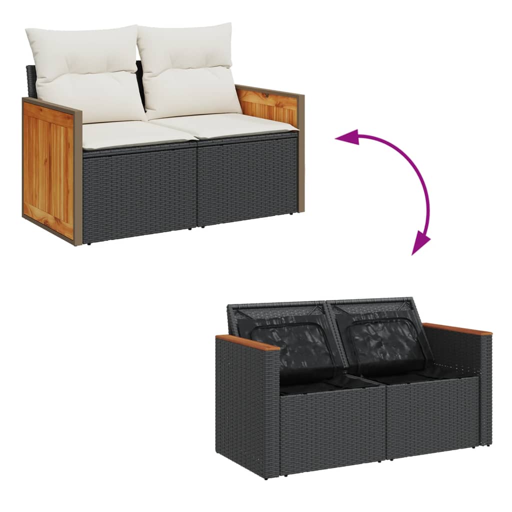 Garden Sofa with Cushions 2-Seater Black Poly Rattan