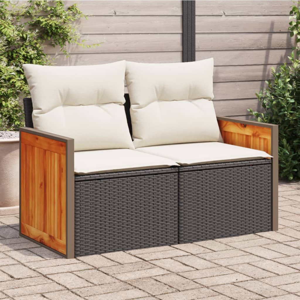 Garden Sofa with Cushions 2-Seater Black Poly Rattan