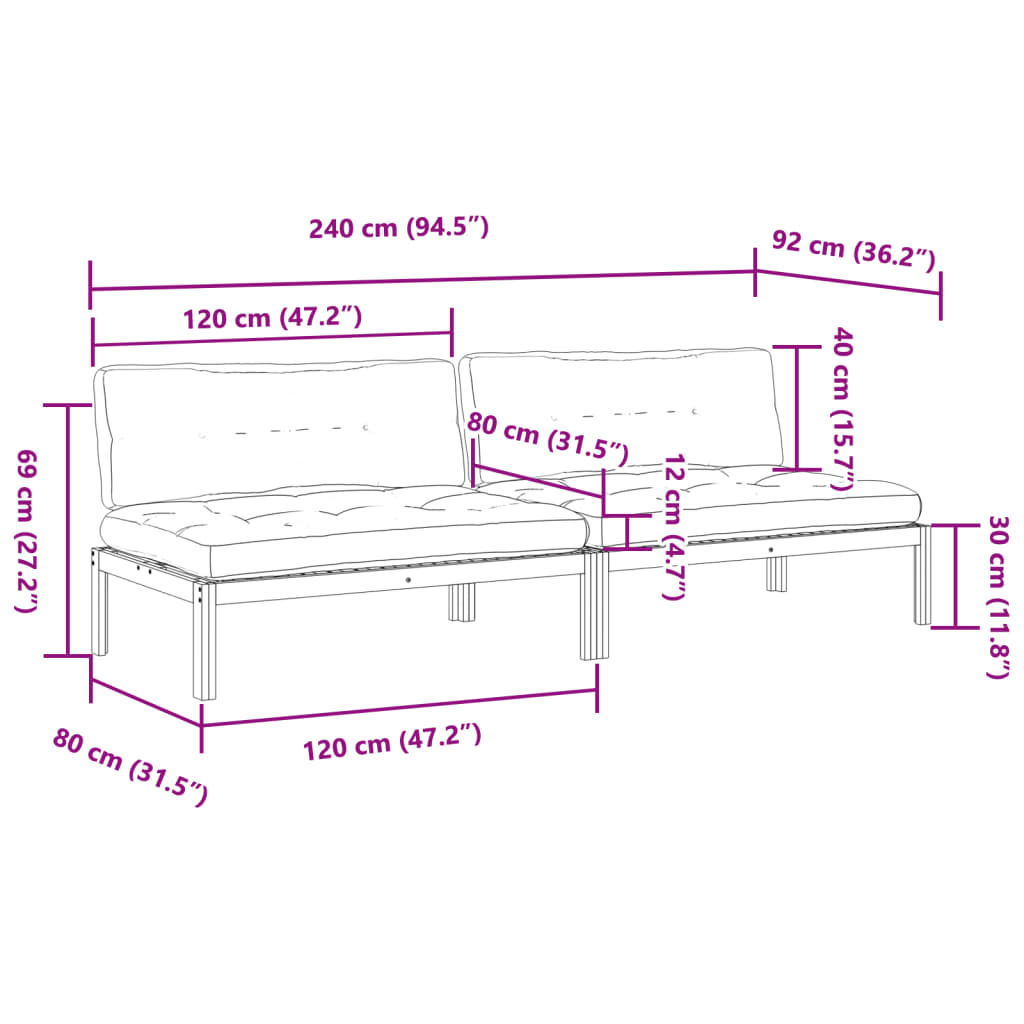 Garden Pallet Middle Sofas with Cushions 2 pcs Solid Wood Acacia